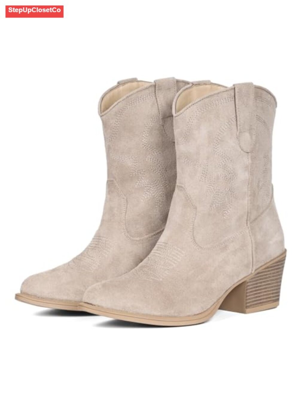 Women's Western Cowboy Ankle Booties Embroidered PU Leather Pull Tab
